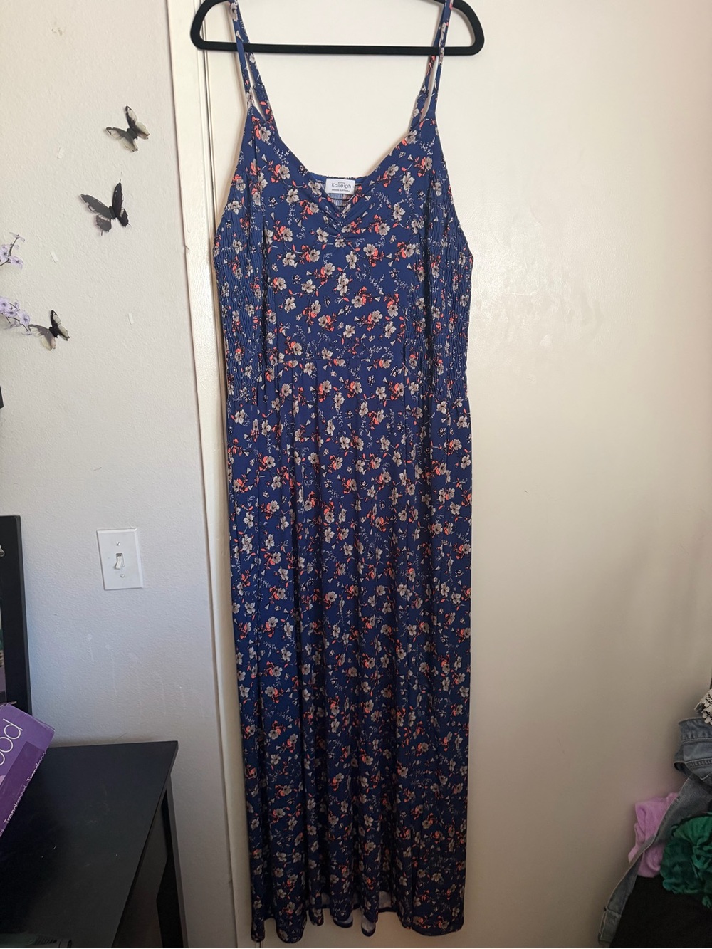 Kaileigh Navy Floral Dress with Coral and Cream Accents